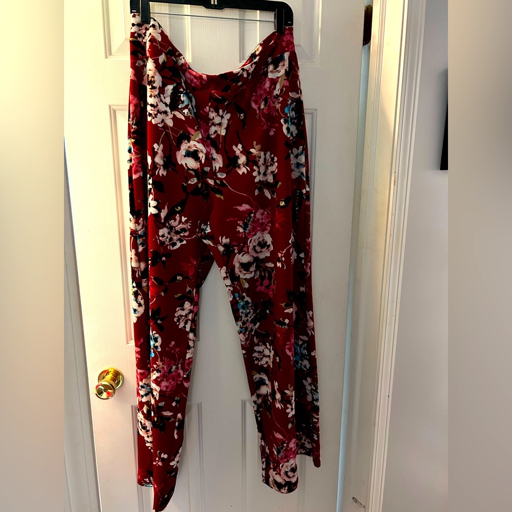 Burgundy floral wide-leg pants